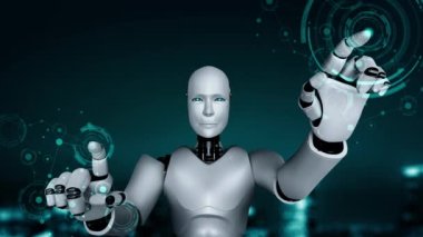 Futuristic robot artificial intelligence huminoid AI programming coding technology development and machine learning concept. Robotic bionic science research for future of human life. 3D rendering.