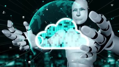 AI robot huminoid uses cloud computing technology to store data on online server . Futuristic concept of cloud information storage analyzed by machine learning process . 3D rendering .
