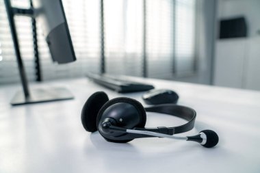 Essential equipment concept for competent online operators, call service agents, or online working. Customer service equipment, as well as helpdesk tools.