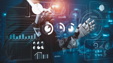 Gelecekçi robot yapay zeka devrimci yapay zeka teknoloji geliştirme ve makine öğrenme kavramı. İnsan hayatının geleceği için küresel robot biyonik bilim araştırması. 3B görüntüleme grafiği.