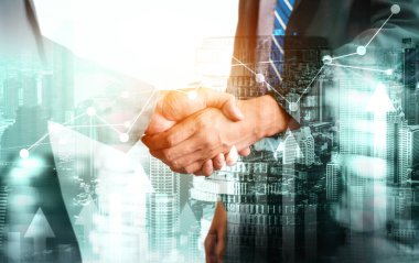 Ekonomik refah ve para teknolojisinin varlık geçmişi üzerine iş tokalaşması. Değerli borsaya yatırım yaparak ekonomik ve finansal büyüme ile refah kar birimi ticareti elde edilir