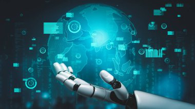Gelecekçi robot yapay zeka devrimci yapay zeka teknoloji geliştirme ve makine öğrenme kavramı. İnsan hayatının geleceği için küresel robot biyonik bilim araştırması. 3B görüntüleme grafiği.