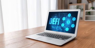 Model bilgisayar ekranında merkezi olmayan finans veya DeFi kavramı. Defi sistemi yeni yatırım ve tasarruf seçenekleri sunuyor .