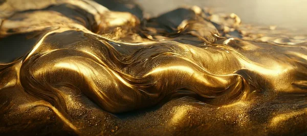 Spectacular abstract glistening golden solid liquid waves like liquid gold or solid yellow water. Digital 3D illustration.