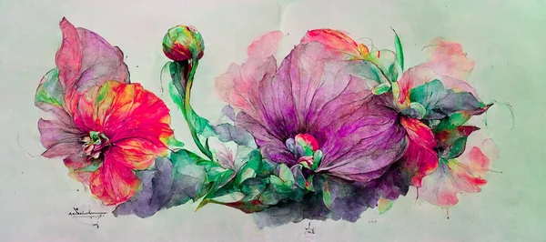 Spectacular watercolor painting of multicolored flower features with magenta green pastel red and purple with green stem and branches on white and isolated background. Digital art 3D illustration.