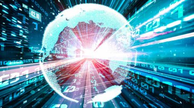 Fütürist küresel ağ ve dijital veri transferi 3D grafik. Yeni bilgi çağındaki küresel eğilimleri değiştiren akıllı dijital dönüşüm ve teknoloji bozulması kavramı .