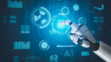 Gelecekçi robot yapay zeka devrimci yapay zeka teknoloji geliştirme ve makine öğrenme kavramı. İnsan hayatının geleceği için küresel robot biyonik bilim araştırması. 3B görüntüleme grafiği.
