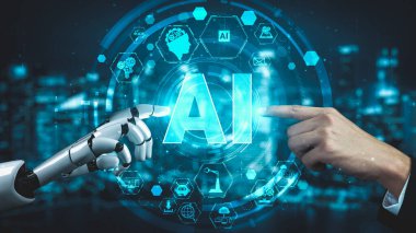 Gelecekçi robot yapay zeka yapay zeka yapay zekayı aydınlatıyor ve makine öğrenme kavramını geliştiriyor. İnsan hayatının geleceği için küresel robot biyonik bilim araştırması. 3B görüntüleme grafiği.
