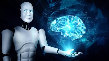 AI hominoid robot holding virtual hologram screen showing concept of AI brain and artificial intelligence thinking by machine learning process. 3D rendering.