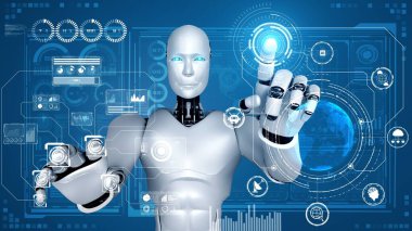 AI hominoid robot touching virtual hologram screen showing concept of big data analytic using artificial intelligence thinking by machine learning process. 3D rendering.