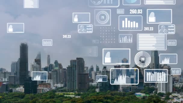 Interfaz Analítica Datos Empresariales Sobrevuela Ciudad Inteligente Mostrando Alteración Del — Vídeos de Stock