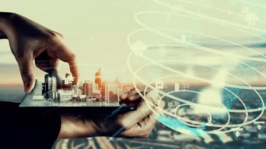 Yenilikçi mimari ve yaratıcı inşaat mühendisliği inşaat projesi. Mimar, işçi ve mühendis tarafından yapılan yaratıcı grafik tasarımı altyapı şehir binası kavramını gösteriyor.