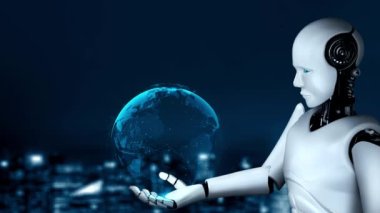 AI robot huminoid uses cloud computing technology to store data on online server . Futuristic concept of cloud information storage analyzed by machine learning process . 3D rendering .