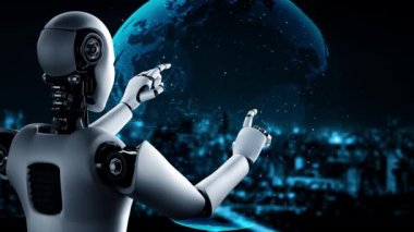 AI robot huminoid uses cloud computing technology to store data on online server . Futuristic concept of cloud information storage analyzed by machine learning process . 3D rendering .