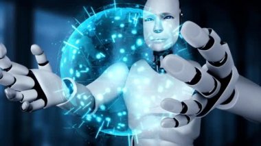 AI hominoid robot holding virtual hologram screen showing concept of big data analytic using artificial intelligence thinking by machine learning process. 3D rendering.