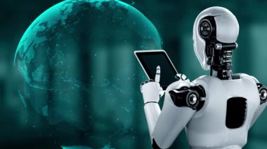 AI robot huminoid uses cloud computing technology to store data on online server . Futuristic concept of cloud information storage analyzed by machine learning process . 3D rendering .