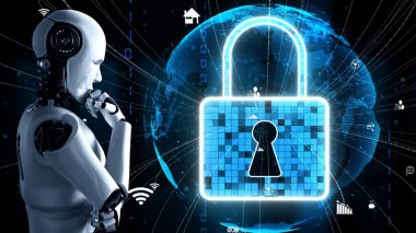 AI robot huminoid uses cloud computing technology to store data on online server . Futuristic concept of cloud information storage analyzed by machine learning process . 3D rendering .