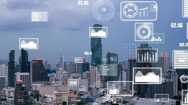 Interface Analítica Dados Negócios Sobrevoa Cidade Inteligente Mostrando Futuro Alteração — Fotografia de Stock
