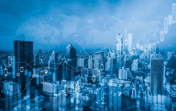 Financial graphs and digital indicators overlap with modernistic urban area, skyscrabber for stock market business concept. Double exposure.