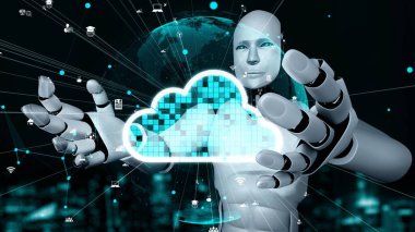 AI robot huminoid uses cloud computing technology to store data on online server . Futuristic concept of cloud information storage analyzed by machine learning process . 3D rendering .