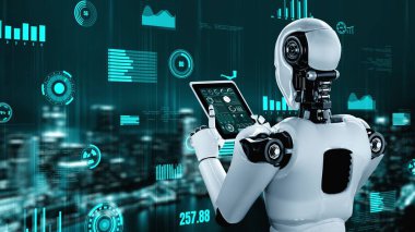 Futuristic robot artificial intelligence huminoid AI for industrial factory technology development and machine learning concept. robotic bionic science research for future of human life. 3D rendering.