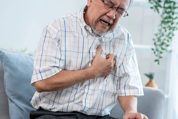 Agonizing Senior Man Suffering Chest Pain Heart Attack Alone His — Stockfoto