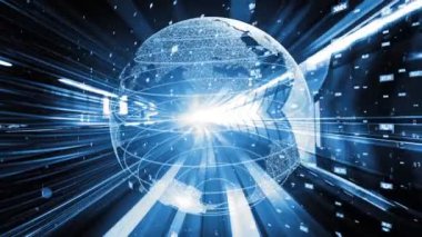 Fütürist küresel ağ ve dijital veri transferi 3D grafik. Yeni bilgi çağındaki küresel eğilimleri değiştiren akıllı dijital dönüşüm ve teknoloji bozulması kavramı .