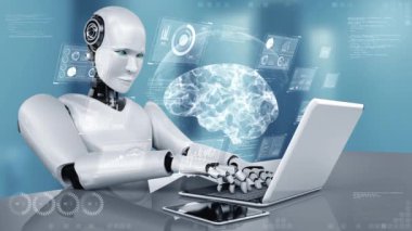 Robot hominoid use laptop and sit at table in concept of AI thinking brain , artificial intelligence and machine learning process for the 4th fourth industrial revolution . 3D rendering.