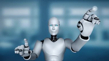 AI hominoid robot touching virtual hologram screen showing concept of big data analytic using artificial intelligence thinking by machine learning process. 3D rendering.