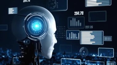 Future financial technology controll by AI robot huminoid uses machine learning and artificial intelligence to analyze business data and give advice on investment and trading decision . 3D rendering .