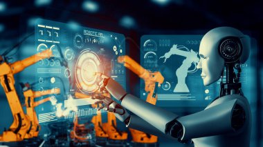 Cybernated industry robot and robotic arms for assembly in factory production . Concept of artificial intelligence for industrial revolution and automation manufacturing process .