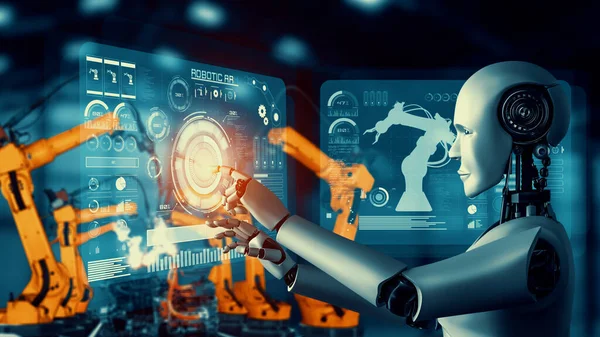 Κυβερνοποιημένα Ρομπότ Βιομηχανίας Και Ρομποτικοί Βραχίονες Για Συναρμολόγηση Στην Εργοστασιακή — Φωτογραφία Αρχείου