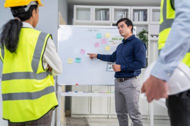 A team of investor and competent engineers brainstorming on the whiteboard to find new ideas and making plans. The idea of a team gather ideas together.