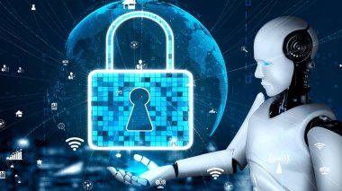 AI robot huminoid uses cloud computing technology to store data on online server . Futuristic concept of cloud information storage analyzed by machine learning process . 3D rendering .