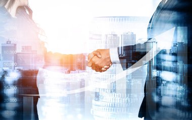 Ekonomik refah ve para teknolojisinin varlık geçmişi üzerine iş tokalaşması. Değerli borsaya yatırım yaparak ekonomik ve finansal büyüme ile refah kar birimi ticareti elde edilir