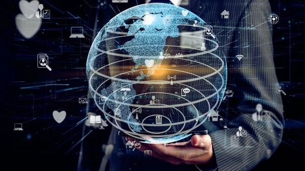 Επιχειρηματίας Δείχνουν Ολόγραμμα Της Παγκόσμιας Επικοινωνίας Δικτύου Υπαινικτική Τεχνολογία Εικονική — Φωτογραφία Αρχείου