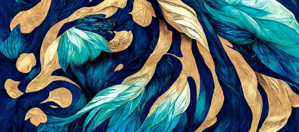 Spectacular abstract design with the teal and gold animal fur churning together like wavy liquid ink. Digital art 3D illustration. Texture resembling fur in the shape of a turbulent liquid.