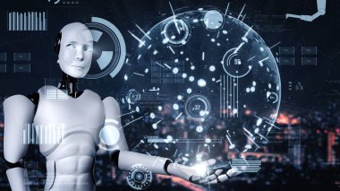 Futuristic robot artificial intelligence huminoid AI for industrial factory technology development and machine learning concept. robotic bionic science research for future of human life. 3D rendering.