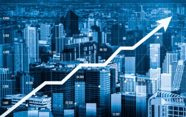 Financial graphs and digital indicators overlap with modernistic urban area, skyscrabber for stock market business concept. Double exposure.