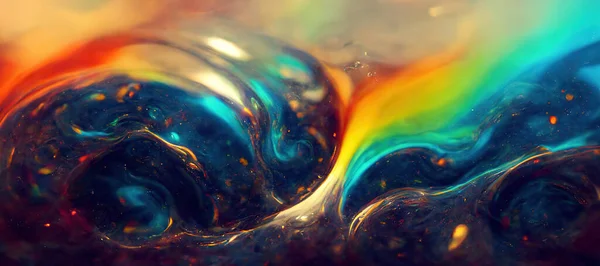 Spectacular abstract image of rainbow, iridescent liquid ink churning together, with a realistic texture, gaudy and great quality. Digital art 3D illustration.