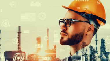 Geleceğin fabrikası ve yaratıcı grafik tasarımında yaratıcı enerji endüstrisi konsepti. Petrol, gaz ve petrokimyasal rafineri fabrikası. Hologramı yeni nesil enerji ve enerji sektörünü gösteriyor..