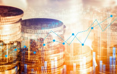 Finans ve para teknolojisi iş refahı ve varlık yönetimi kavramı. Yaratıcı grafik, refah karı elde etmek için değerli varlıklara yatırım yaparak ekonomi ve mali büyümeyi gösteriyor .