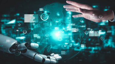 Gelecekçi robot yapay zeka yapay zeka yapay zekayı aydınlatıyor ve makine öğrenme kavramını geliştiriyor. İnsan hayatının geleceği için küresel robot biyonik bilim araştırması. 3B görüntüleme grafiği.