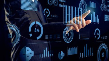 İşadamı, iş zekası hologramının ima edici bir teknoloji olduğunu gösteriyor. Sanal artırılmış gerçeklik, geleceksel HUD oluşturmak için 3 boyutlu görüntüleme ve animasyon ile oluşturulmuştur. .