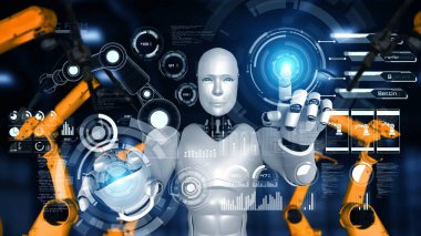 Cybernated industry robot and robotic arms for assembly in factory production . Concept of artificial intelligence for industrial revolution and automation manufacturing process .