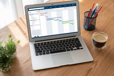 Ekip projesinin zaman çizelgesini gösteren bilgisayar ekranında, modern iş projesi yönetimi için proje planlama yazılımı