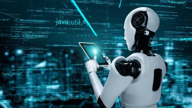 Futuristic robot artificial intelligence huminoid AI programming coding technology development and machine learning concept. Robotic bionic science research for future of human life. 3D rendering.
