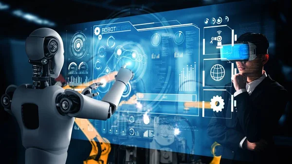 Cybernated industry robot and human worker working together in future factory . Concept of artificial intelligence for industrial revolution and automation manufacturing process .