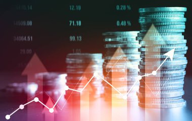 Finans ve para teknolojisi iş refahı ve varlık yönetimi kavramı. Yaratıcı grafik, refah karı elde etmek için değerli varlıklara yatırım yaparak ekonomi ve mali büyümeyi gösteriyor .