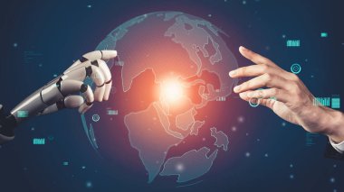 Gelecekçi robot yapay zeka devrimci yapay zeka teknoloji geliştirme ve makine öğrenme kavramı. İnsan hayatının geleceği için küresel robot biyonik bilim araştırması. 3B görüntüleme grafiği.